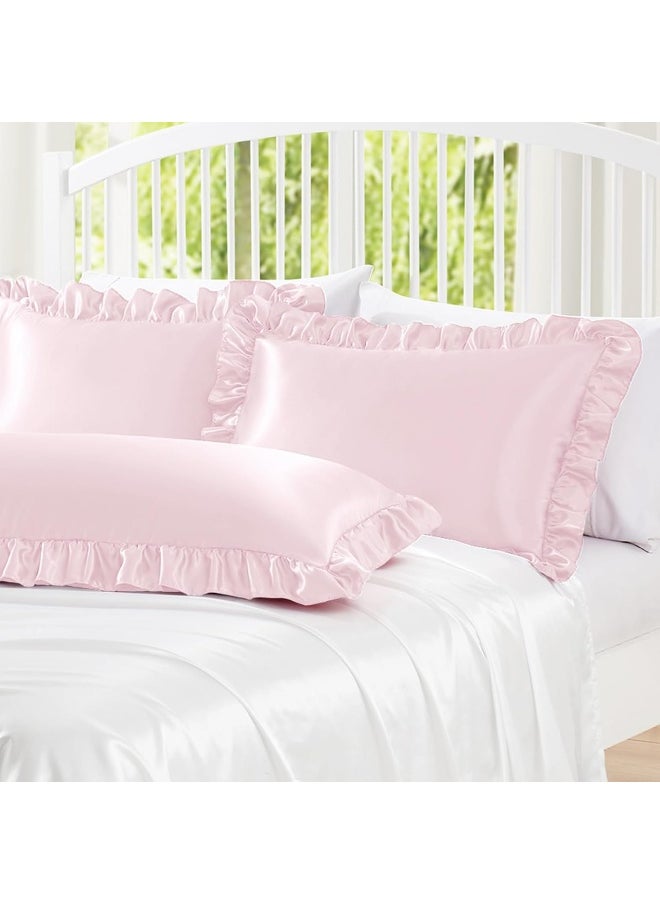 Homiest Ruffle Satin Pillowcase for Hair and Skin, Standard Size Satin Pillow Covers Silky Pillow Cases Set of 2, Satin Ruffled Pillowcase with Envelope Closure, Anti Wrinkle Pillow Shams (Blush Pink)