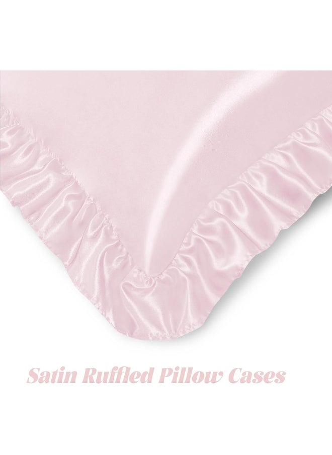 Homiest Ruffle Satin Pillowcase for Hair and Skin, Standard Size Satin Pillow Covers Silky Pillow Cases Set of 2, Satin Ruffled Pillowcase with Envelope Closure, Anti Wrinkle Pillow Shams (Blush Pink)