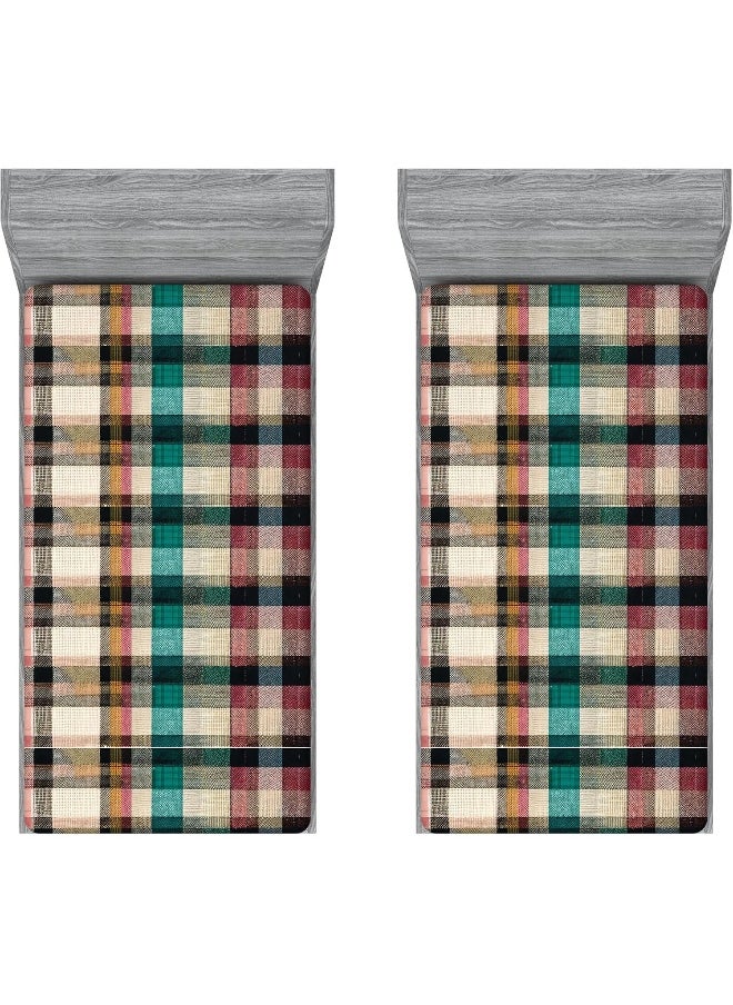 Ambesonne Buffalo Plaid 2 Pack Fitted Sheet, Retro Scottish Tartan, Bed Cover All-Round Elastic Deep Pockets 2 Pieces, Package Contains 2 Twin Size Fitted Sheets, Pink Seafoam Pastel Brown