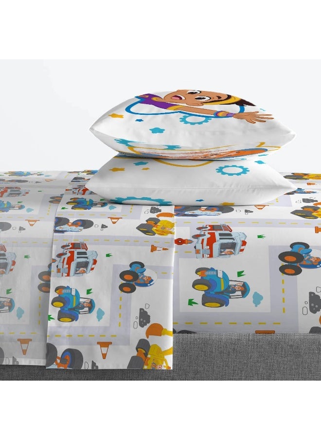Jay Franco Blippi and Meekah Trucks Sheet Set - Full Size Sheet Set - Super Soft Kids Cartoon Vehicles 4 Piece Bedding Set - Microfiber Sheets