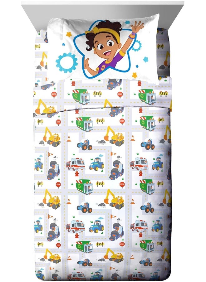Jay Franco Blippi and Meekah Trucks Sheet Set - Full Size Sheet Set - Super Soft Kids Cartoon Vehicles 4 Piece Bedding Set - Microfiber Sheets