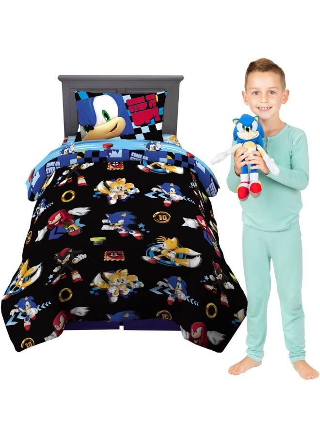 Franco Sonic The Hedgehog Anime Kids Bedding Twin/Full Comforter with Twin Sheet Set and Cuddle Pillow, 5 Piece Bedroom Set