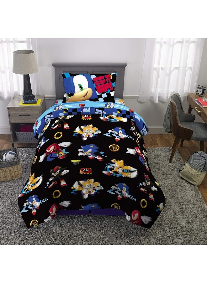 Franco Sonic The Hedgehog Anime Kids Bedding Twin/Full Comforter with Twin Sheet Set and Cuddle Pillow, 5 Piece Bedroom Set