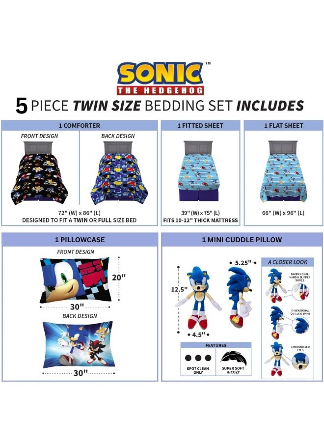 Franco Sonic The Hedgehog Anime Kids Bedding Twin/Full Comforter with Twin Sheet Set and Cuddle Pillow, 5 Piece Bedroom Set