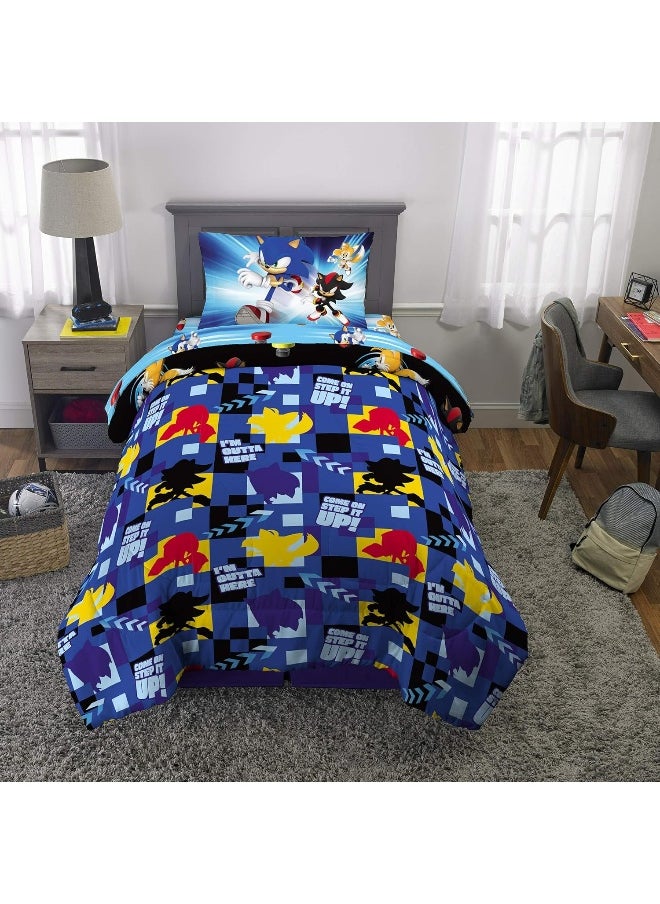 Franco Sonic The Hedgehog Anime Kids Bedding Twin/Full Comforter with Twin Sheet Set and Cuddle Pillow, 5 Piece Bedroom Set