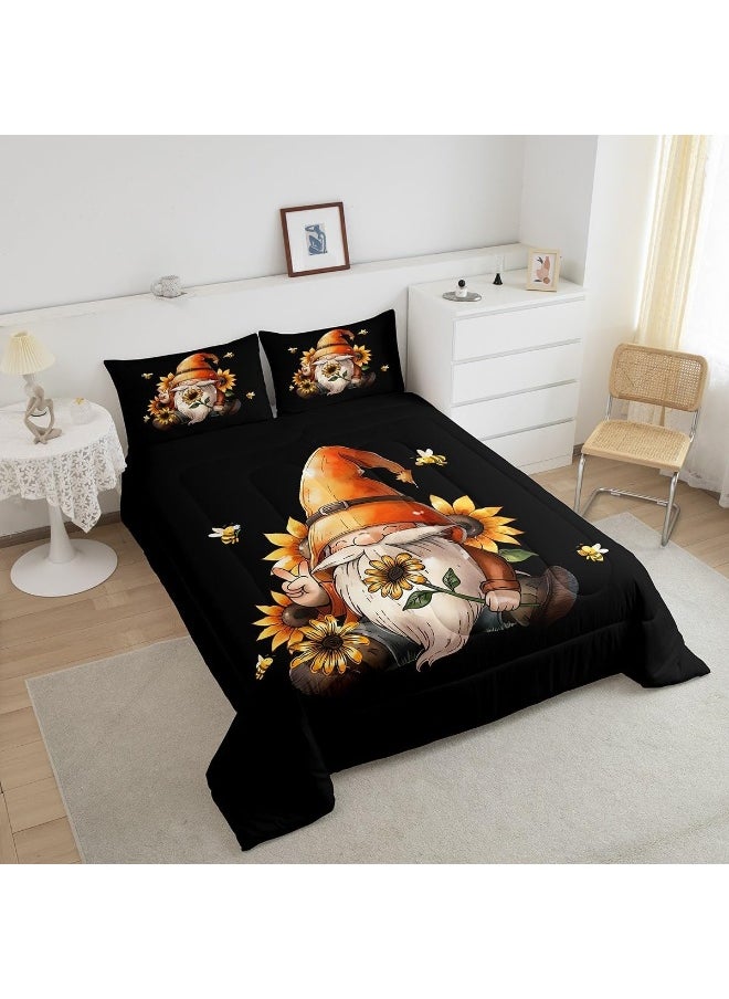 Erosebridal Gnome Queen Comforter Set Size Rustic Gnome Bedding Set for Teens Adult Spring Sunflower Honey Bees Quilt Vintage Garden Duvet Insert with 2 Pillow Shams Lightweight Warm