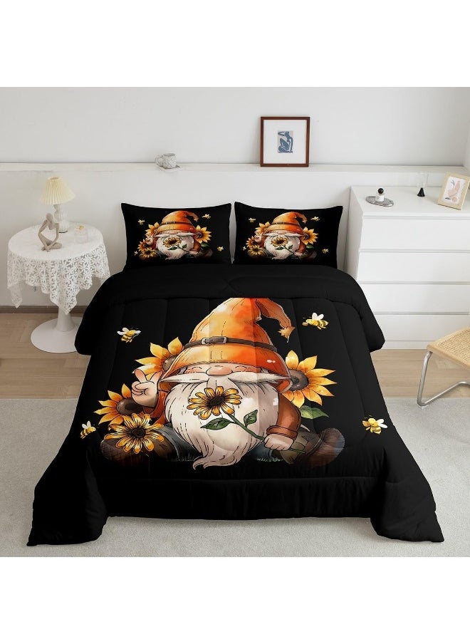 Erosebridal Gnome Queen Comforter Set Size Rustic Gnome Bedding Set for Teens Adult Spring Sunflower Honey Bees Quilt Vintage Garden Duvet Insert with 2 Pillow Shams Lightweight Warm