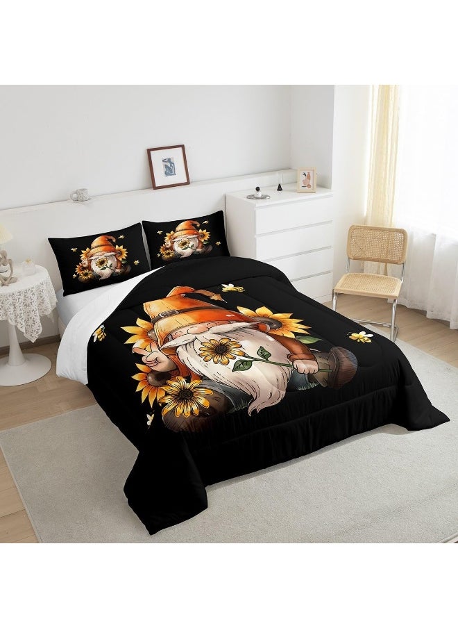 Erosebridal Gnome Queen Comforter Set Size Rustic Gnome Bedding Set for Teens Adult Spring Sunflower Honey Bees Quilt Vintage Garden Duvet Insert with 2 Pillow Shams Lightweight Warm