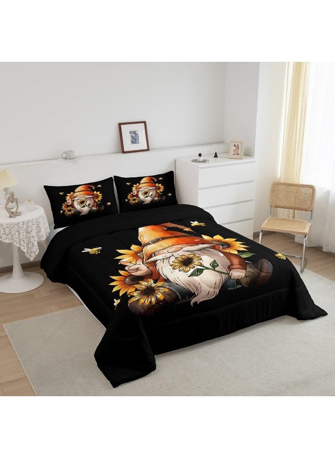 Erosebridal Gnome Queen Comforter Set Size Rustic Gnome Bedding Set for Teens Adult Spring Sunflower Honey Bees Quilt Vintage Garden Duvet Insert with 2 Pillow Shams Lightweight Warm