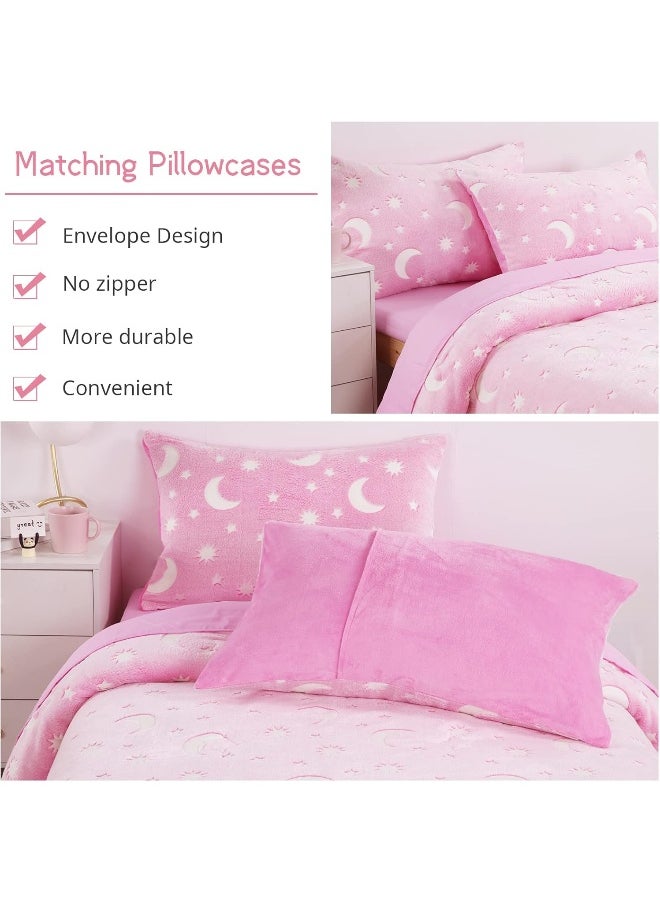 HOMBYS Glow in The Dark Comforter Set 3 Piece Twin/Twin XL, Pink Velvet Bedding Sets for Twin Bed, Ultra Soft Down Alternative Comforter for Teenage Girls Kids, Bed in a Bag Room Decor