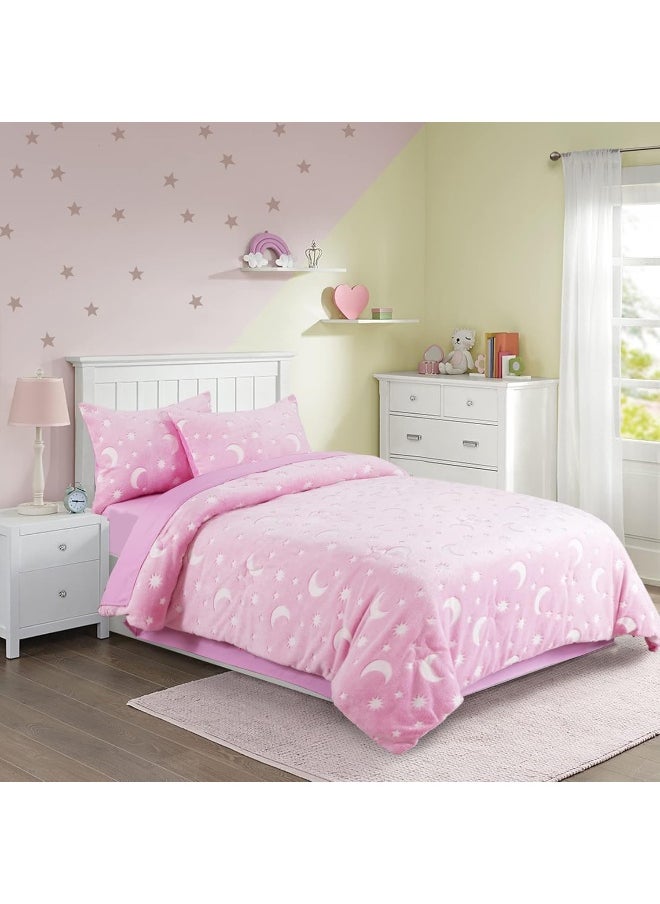 HOMBYS Glow in The Dark Comforter Set 3 Piece Twin/Twin XL, Pink Velvet Bedding Sets for Twin Bed, Ultra Soft Down Alternative Comforter for Teenage Girls Kids, Bed in a Bag Room Decor