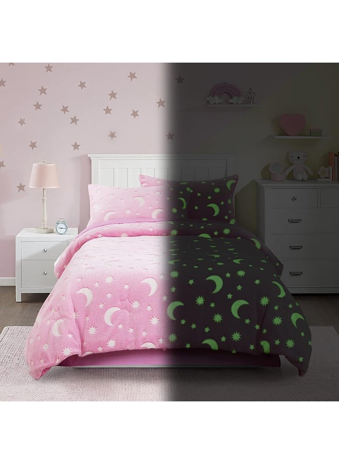 HOMBYS Glow in The Dark Comforter Set 3 Piece Twin/Twin XL, Pink Velvet Bedding Sets for Twin Bed, Ultra Soft Down Alternative Comforter for Teenage Girls Kids, Bed in a Bag Room Decor