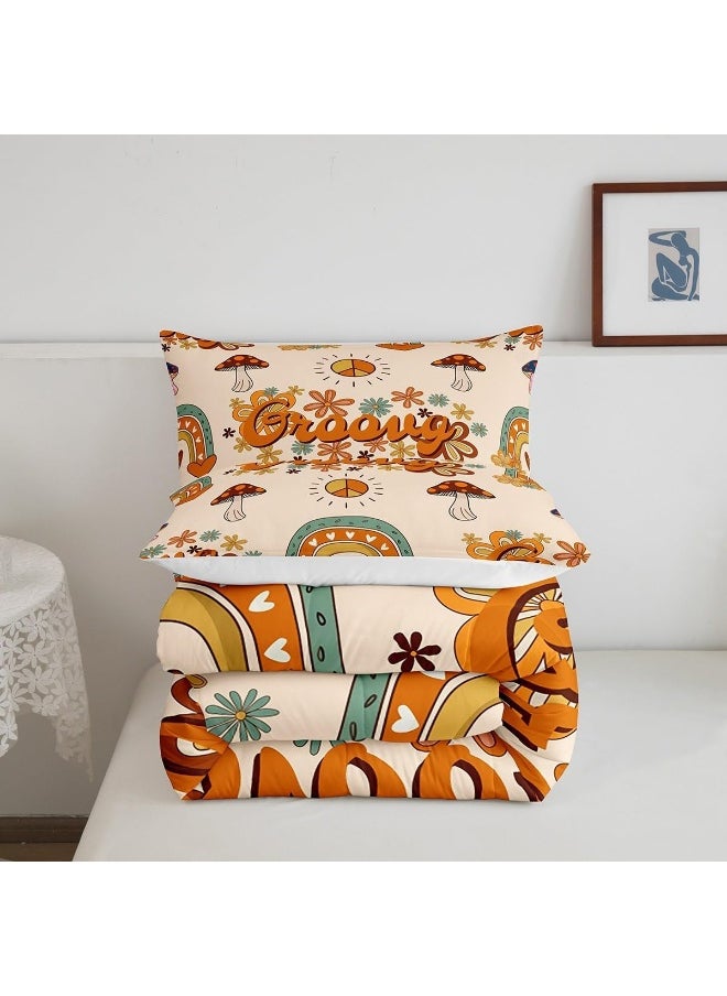 Cute Mushroom Comforter Full for Kids Boys Girls, Groovy Flower Bedding Set 1960s 1970s Funky Floral Doodle Quilt Set, Cartoon Rainbow Swirls 60s 70s Duvet Insert with 2 Pillowcases Ultra Warm