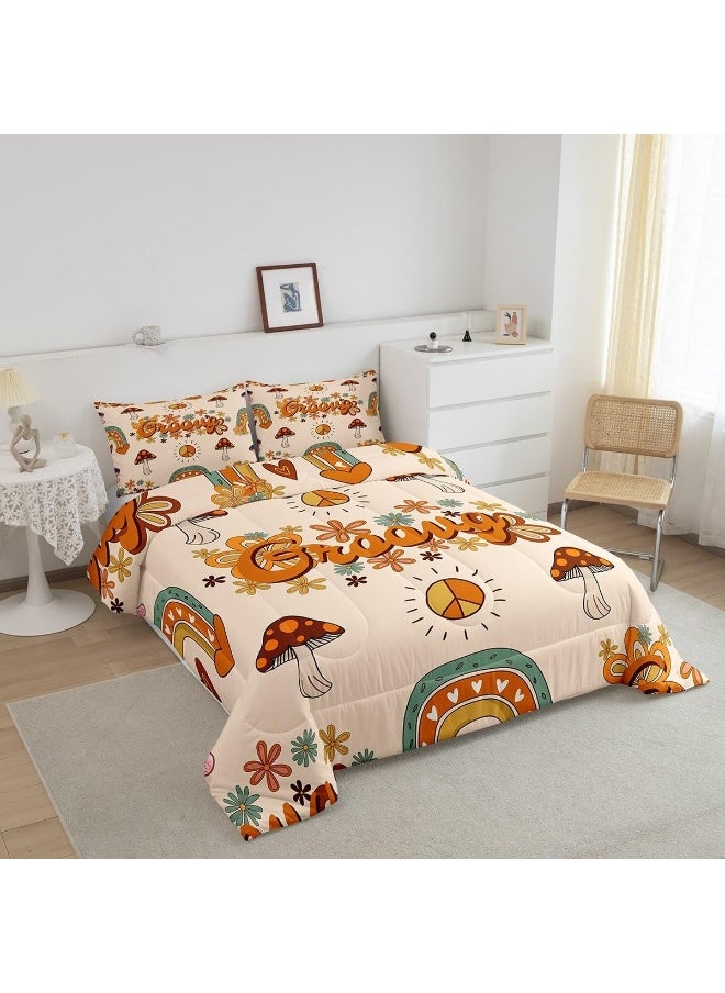 Cute Mushroom Comforter Full for Kids Boys Girls, Groovy Flower Bedding Set 1960s 1970s Funky Floral Doodle Quilt Set, Cartoon Rainbow Swirls 60s 70s Duvet Insert with 2 Pillowcases Ultra Warm