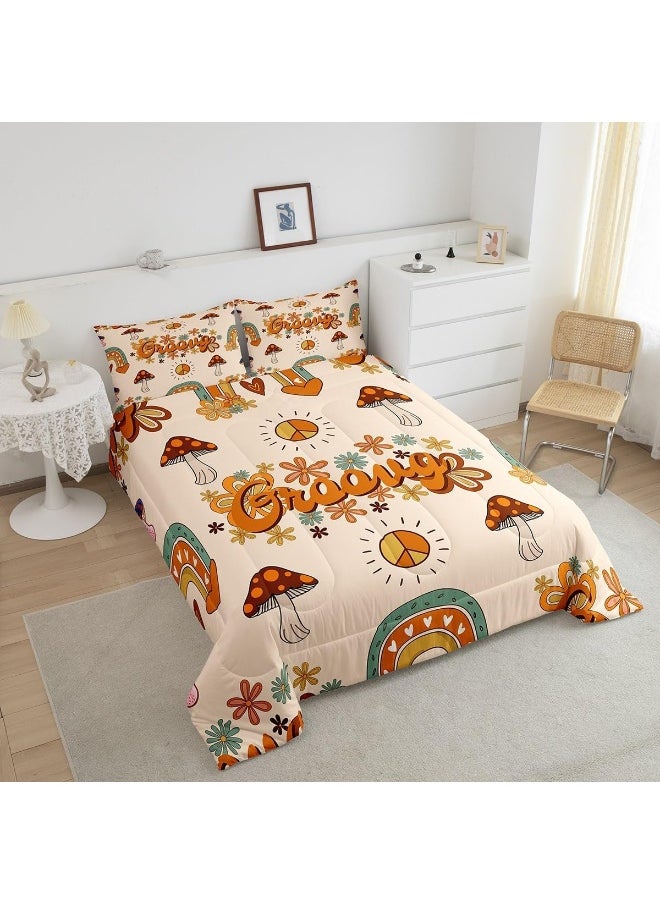 Cute Mushroom Comforter Full for Kids Boys Girls, Groovy Flower Bedding Set 1960s 1970s Funky Floral Doodle Quilt Set, Cartoon Rainbow Swirls 60s 70s Duvet Insert with 2 Pillowcases Ultra Warm