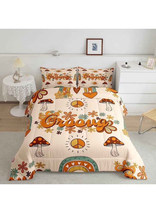 Cute Mushroom Comforter Full for Kids Boys Girls, Groovy Flower Bedding Set 1960s 1970s Funky Floral Doodle Quilt Set, Cartoon Rainbow Swirls 60s 70s Duvet Insert with 2 Pillowcases Ultra Warm