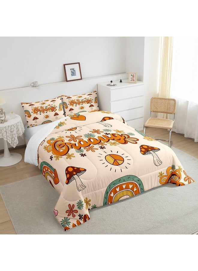 Cute Mushroom Comforter Full for Kids Boys Girls, Groovy Flower Bedding Set 1960s 1970s Funky Floral Doodle Quilt Set, Cartoon Rainbow Swirls 60s 70s Duvet Insert with 2 Pillowcases Ultra Warm