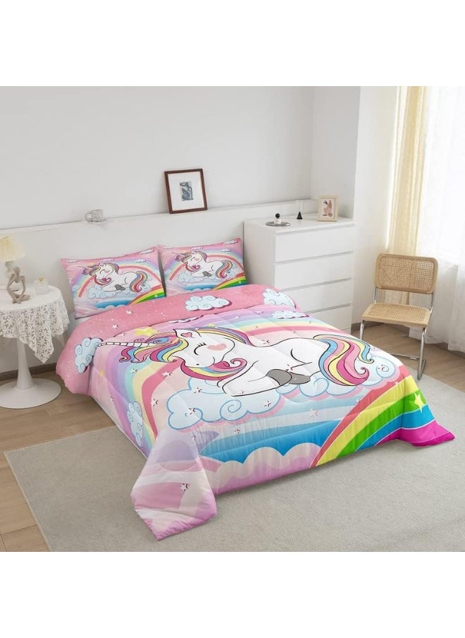 Feelyou Rainbow Unicorn Comforter Set Cute Unicorn Pattern Comforter for Kids Girls Cartoon Unicorn Bedding Set 1 Comforter & 1 Pillowcase