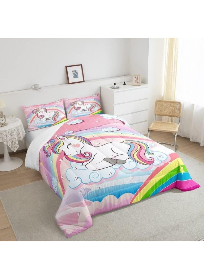 Feelyou Rainbow Unicorn Comforter Set Cute Unicorn Pattern Comforter for Kids Girls Cartoon Unicorn Bedding Set 1 Comforter & 1 Pillowcase