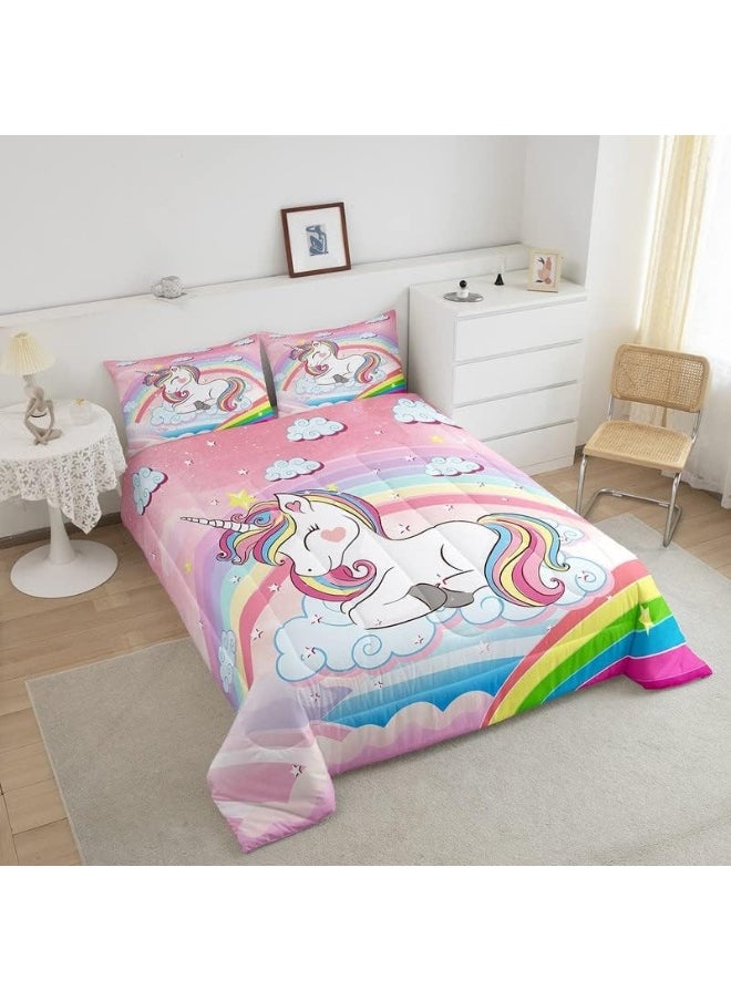 Feelyou Rainbow Unicorn Comforter Set Cute Unicorn Pattern Comforter for Kids Girls Cartoon Unicorn Bedding Set 1 Comforter & 1 Pillowcase