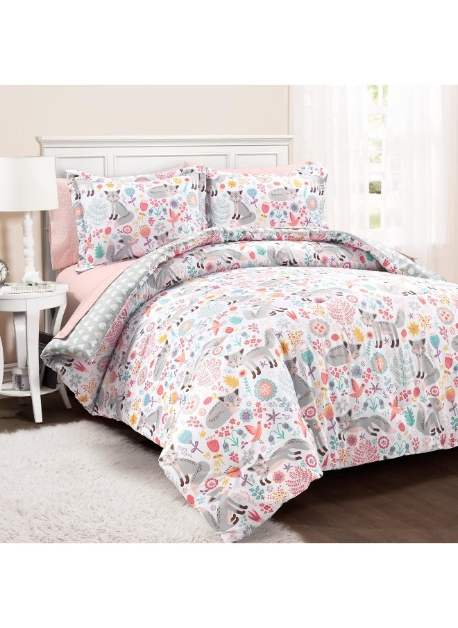 Lush Decor Pixie Fox with Sheet Set Kids Back to Campus 5 Piece Comforter Set, Twin-XL, Pink & Gray