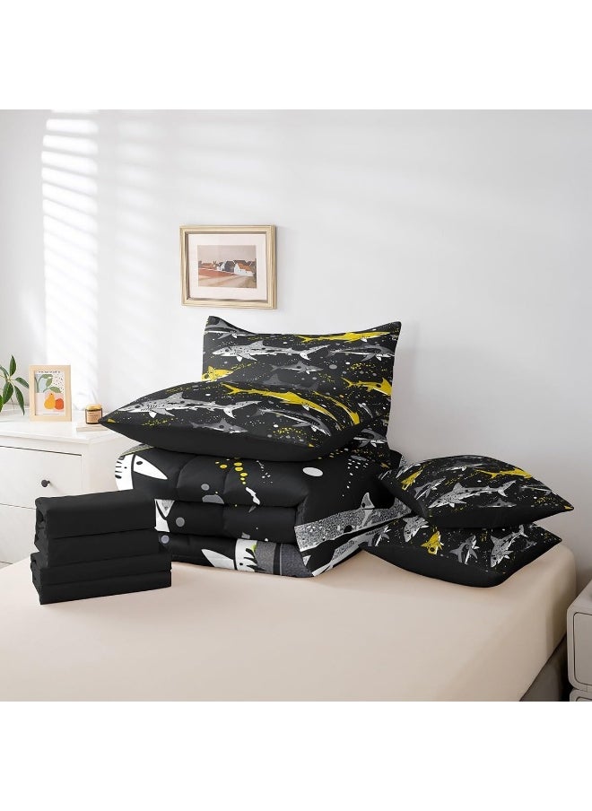 Erosebridal Shark 7 Piece Comforter Set Twin Size, Black Yellow Cartoon Sharks Bed in a Bag with Flat Sheet and Fitted Sheet for Kids Boys Girls, Marine Life Bedding Set with Pillowcase & Sham