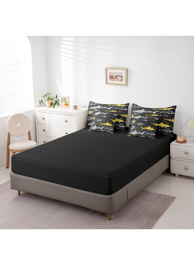 Erosebridal Shark 7 Piece Comforter Set Twin Size, Black Yellow Cartoon Sharks Bed in a Bag with Flat Sheet and Fitted Sheet for Kids Boys Girls, Marine Life Bedding Set with Pillowcase & Sham