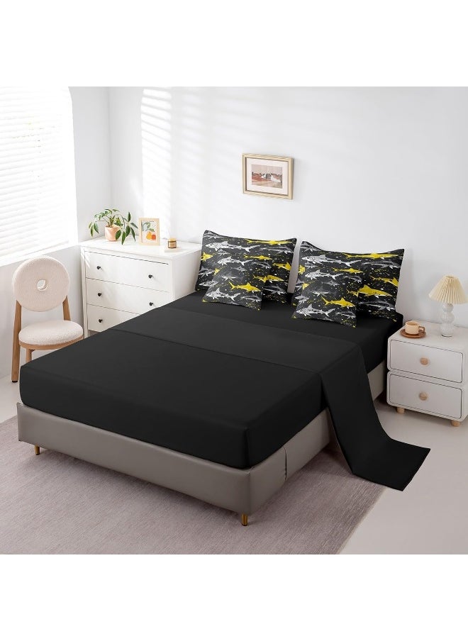 Erosebridal Shark 7 Piece Comforter Set Twin Size, Black Yellow Cartoon Sharks Bed in a Bag with Flat Sheet and Fitted Sheet for Kids Boys Girls, Marine Life Bedding Set with Pillowcase & Sham