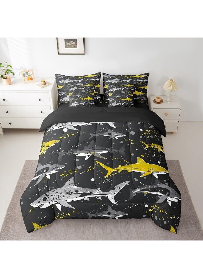 Erosebridal Shark 7 Piece Comforter Set Twin Size, Black Yellow Cartoon Sharks Bed in a Bag with Flat Sheet and Fitted Sheet for Kids Boys Girls, Marine Life Bedding Set with Pillowcase & Sham