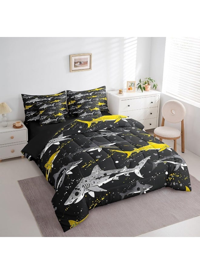 Erosebridal Shark 7 Piece Comforter Set Twin Size, Black Yellow Cartoon Sharks Bed in a Bag with Flat Sheet and Fitted Sheet for Kids Boys Girls, Marine Life Bedding Set with Pillowcase & Sham