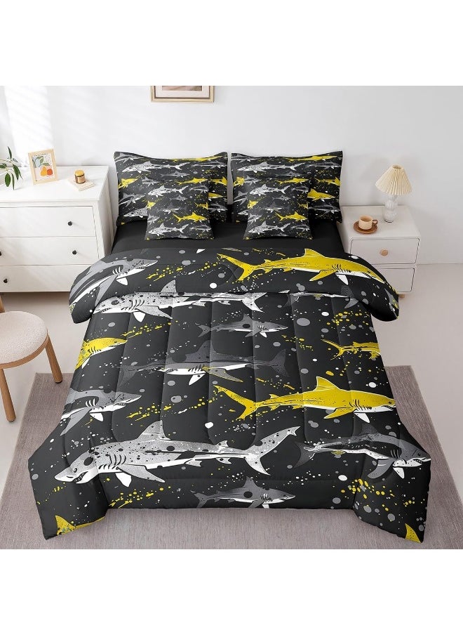 Erosebridal Shark 7 Piece Comforter Set Twin Size, Black Yellow Cartoon Sharks Bed in a Bag with Flat Sheet and Fitted Sheet for Kids Boys Girls, Marine Life Bedding Set with Pillowcase & Sham
