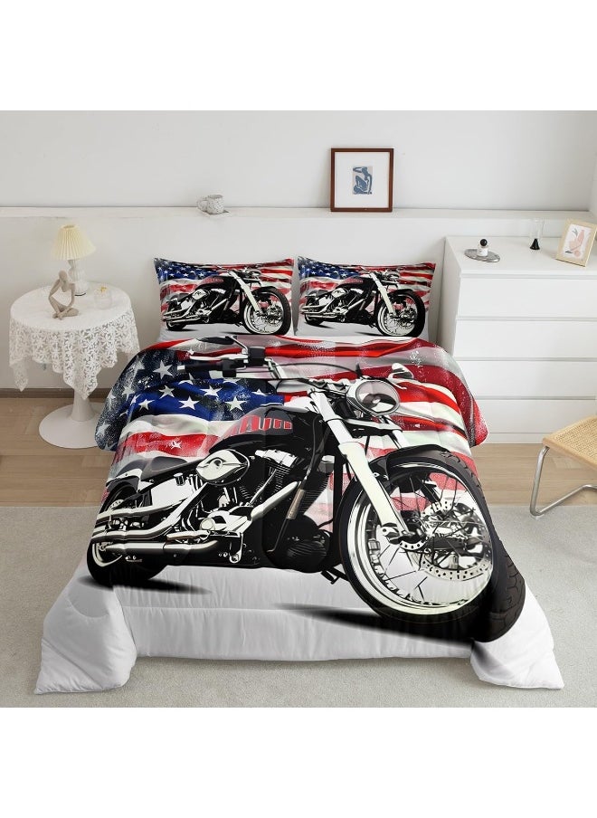 Erosebridal 7Pcs Boys Dirt Bike Comforter Set for Teens 3D Motorcycle Bedding Sets American Flag Bed in A Bag Twin
