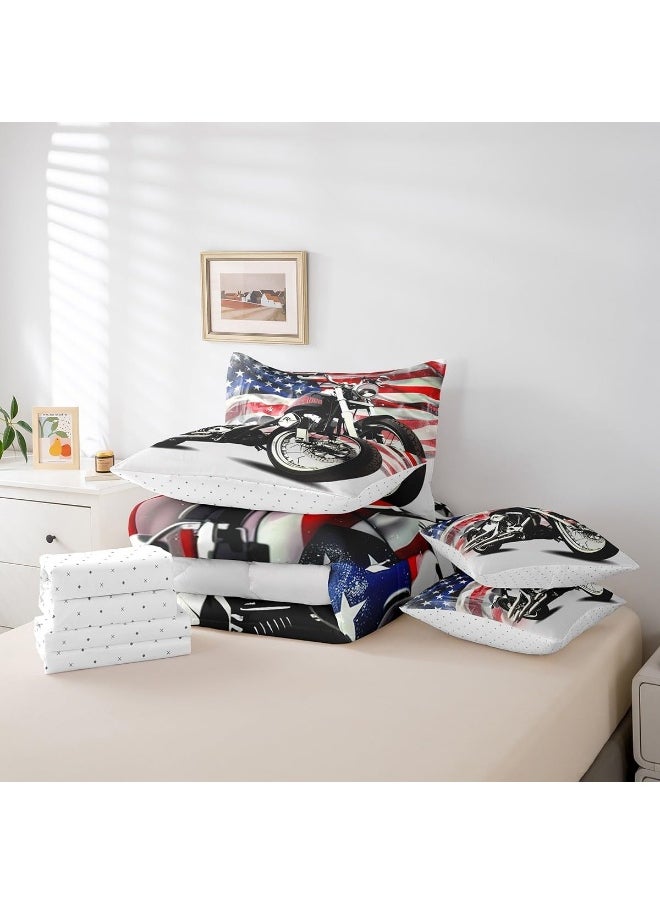 Erosebridal 7Pcs Boys Dirt Bike Comforter Set for Teens 3D Motorcycle Bedding Sets American Flag Bed in A Bag Twin