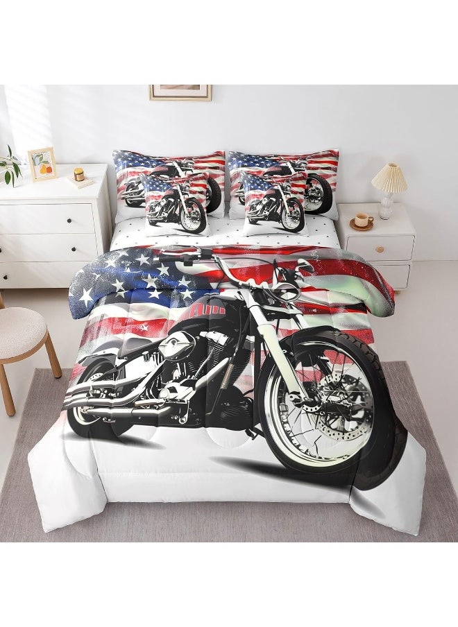 Erosebridal 7Pcs Boys Dirt Bike Comforter Set for Teens 3D Motorcycle Bedding Sets American Flag Bed in A Bag Twin