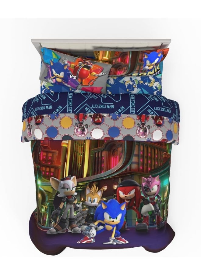 Franco Sonic The Hedgehog Prime Anime Kids Bedding Super Soft Comforter and Sheet Set, 5 Piece Full Size
