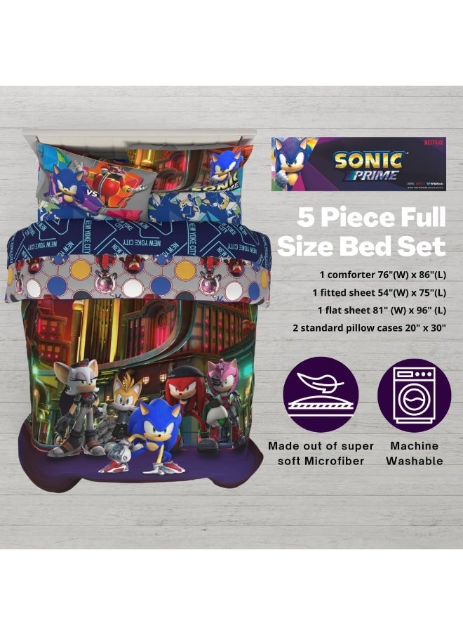 Franco Sonic The Hedgehog Prime Anime Kids Bedding Super Soft Comforter and Sheet Set, 5 Piece Full Size