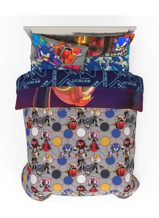 Franco Sonic The Hedgehog Prime Anime Kids Bedding Super Soft Comforter and Sheet Set, 5 Piece Full Size
