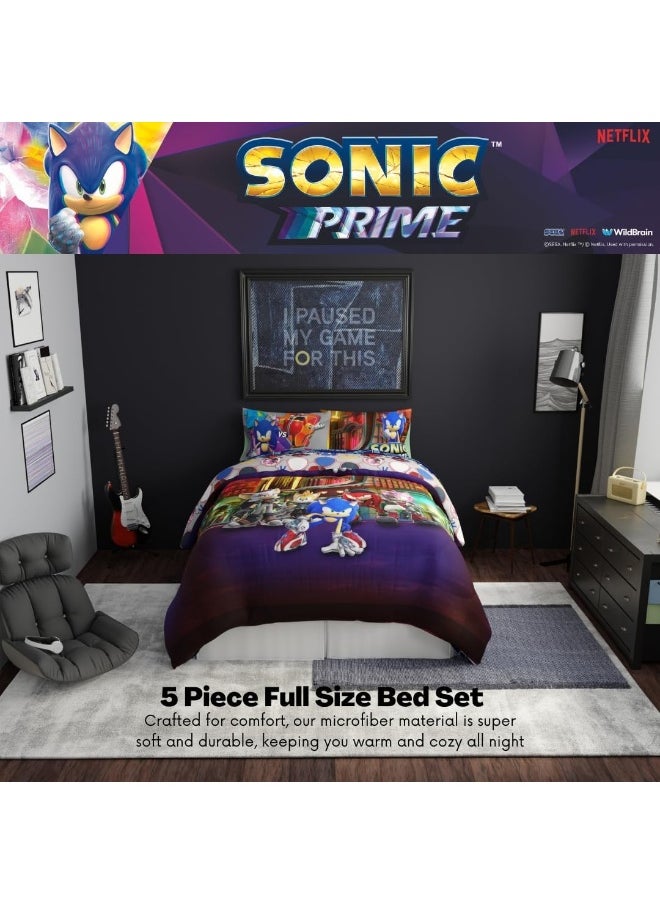 Franco Sonic The Hedgehog Prime Anime Kids Bedding Super Soft Comforter and Sheet Set, 5 Piece Full Size