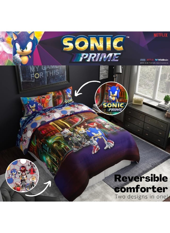 Franco Sonic The Hedgehog Prime Anime Kids Bedding Super Soft Comforter and Sheet Set, 5 Piece Full Size