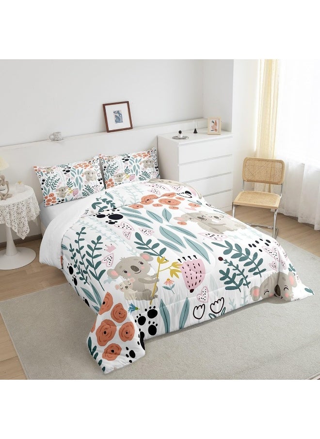 Erosebridal Kawaii Koala Bedding Set, Cartoon Koala Comforter Set Twin, Cute Love Heart Leaf Flower Comforter Set for Kids Girls Boys, Paw Print Animals Quilt Duvet Insert with 1 Pillow Case