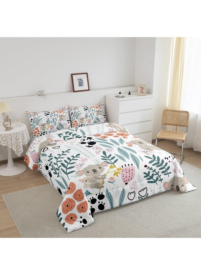 Erosebridal Kawaii Koala Bedding Set, Cartoon Koala Comforter Set Twin, Cute Love Heart Leaf Flower Comforter Set for Kids Girls Boys, Paw Print Animals Quilt Duvet Insert with 1 Pillow Case
