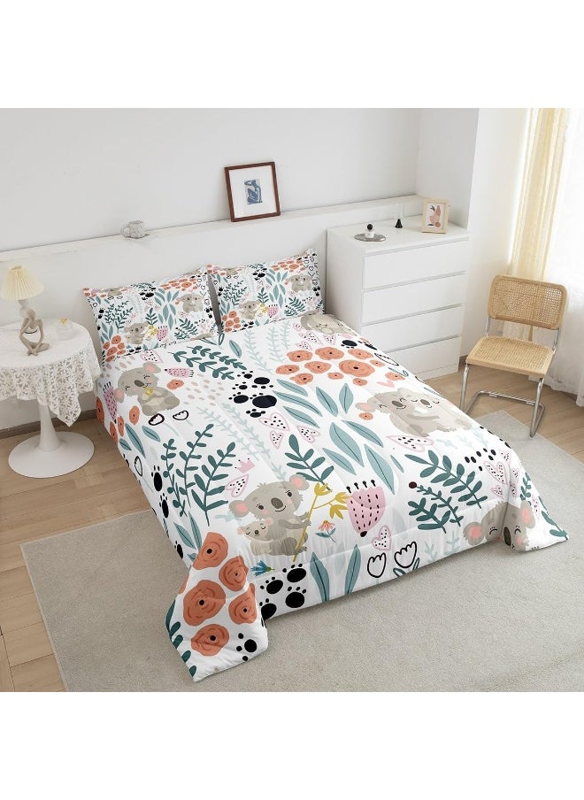 Erosebridal Kawaii Koala Bedding Set, Cartoon Koala Comforter Set Twin, Cute Love Heart Leaf Flower Comforter Set for Kids Girls Boys, Paw Print Animals Quilt Duvet Insert with 1 Pillow Case