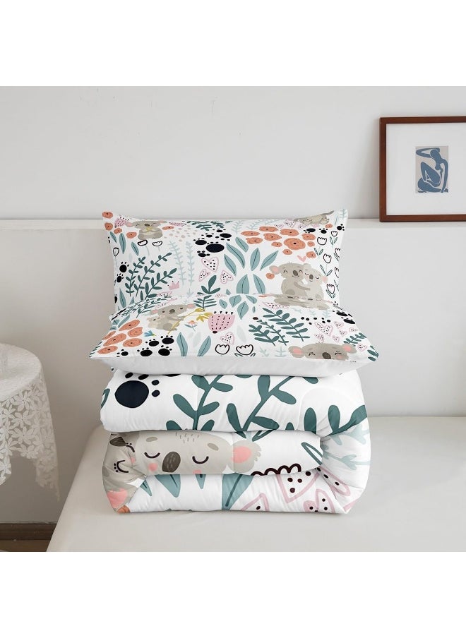 Erosebridal Kawaii Koala Bedding Set, Cartoon Koala Comforter Set Twin, Cute Love Heart Leaf Flower Comforter Set for Kids Girls Boys, Paw Print Animals Quilt Duvet Insert with 1 Pillow Case