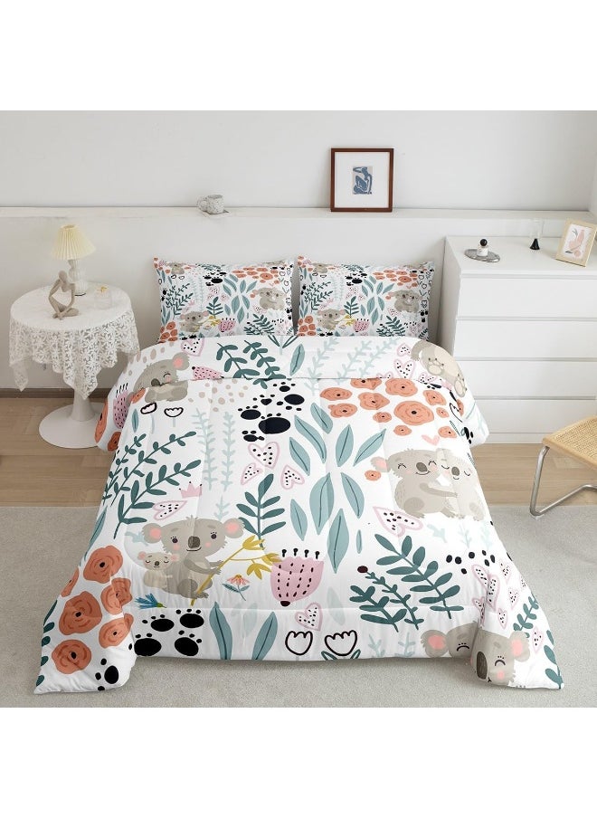 Erosebridal Kawaii Koala Bedding Set, Cartoon Koala Comforter Set Twin, Cute Love Heart Leaf Flower Comforter Set for Kids Girls Boys, Paw Print Animals Quilt Duvet Insert with 1 Pillow Case