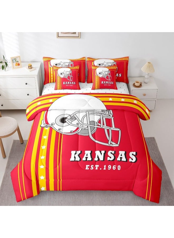 7 Pcs American Football City Queen Comforter Sets Bed in a Bag Football Sports Game Comforter Set with Sheets, Kansas
