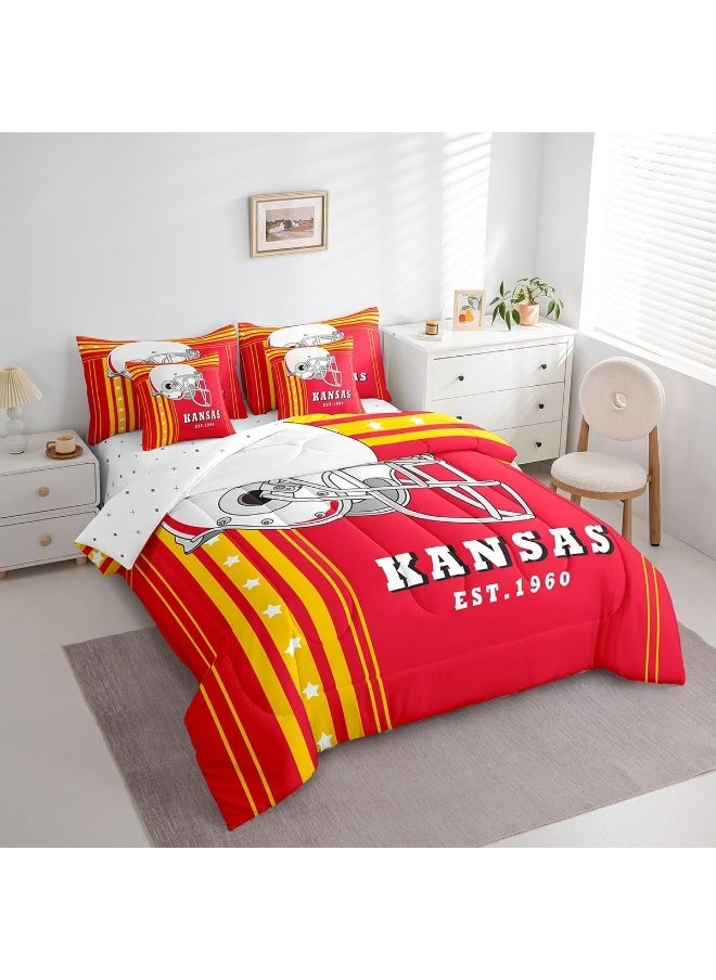 7 Pcs American Football City Queen Comforter Sets Bed in a Bag Football Sports Game Comforter Set with Sheets, Kansas