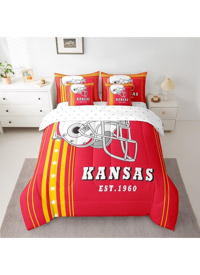 7 Pcs American Football City Queen Comforter Sets Bed in a Bag Football Sports Game Comforter Set with Sheets, Kansas