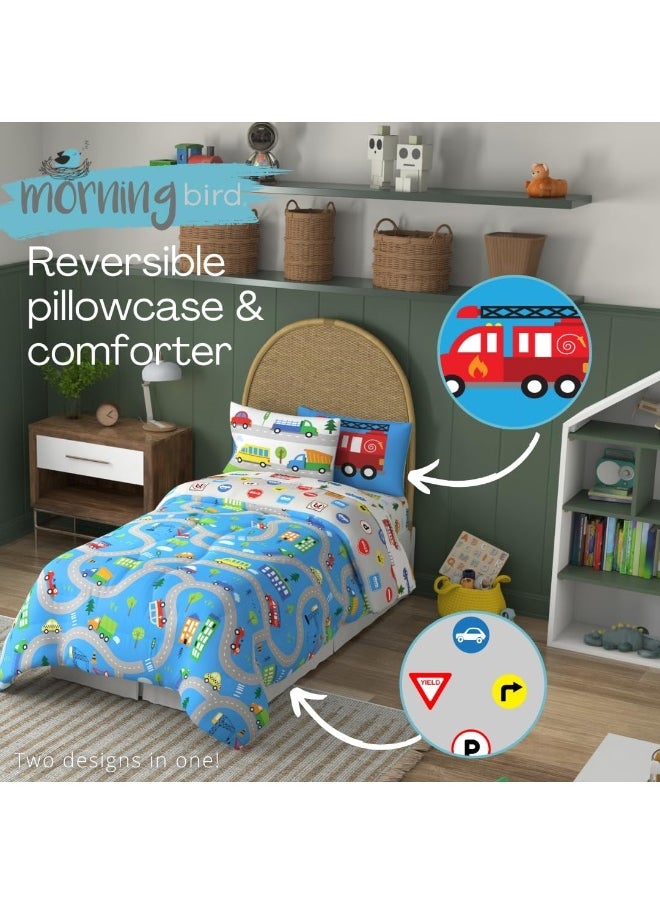 Franco Morning Bird Kids Cute Transport Cartoon Cars 5 Piece Super Soft Comforter and Sheet Set with Sham, Twin