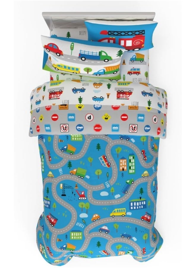 Franco Morning Bird Kids Cute Transport Cartoon Cars 5 Piece Super Soft Comforter and Sheet Set with Sham, Twin
