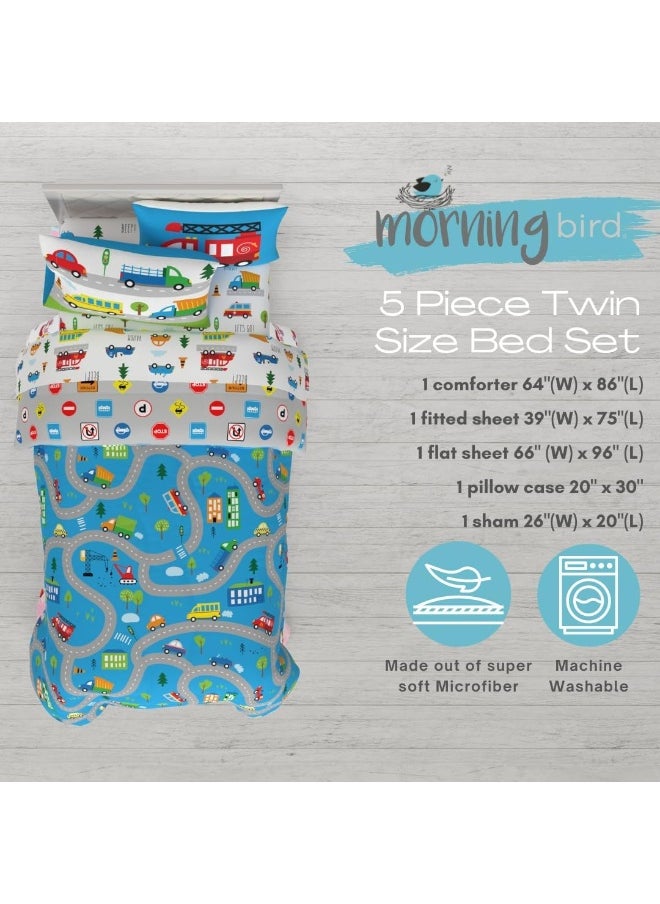 Franco Morning Bird Kids Cute Transport Cartoon Cars 5 Piece Super Soft Comforter and Sheet Set with Sham, Twin